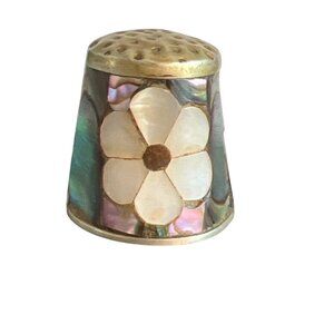 Vintage Alpaca Mexico Abalone Inlaid Thimble Floral Mother of Pearl .75" Estate